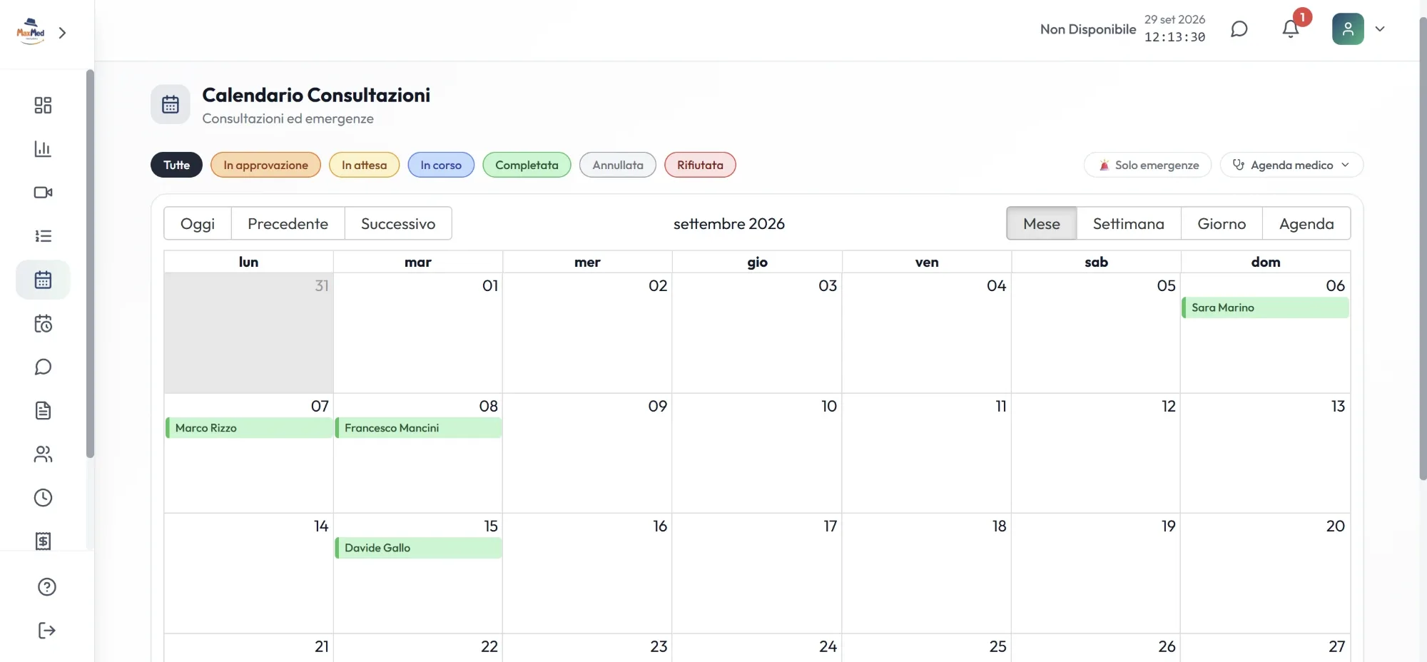 MaxMed consultation calendar in month view with coloured statuses