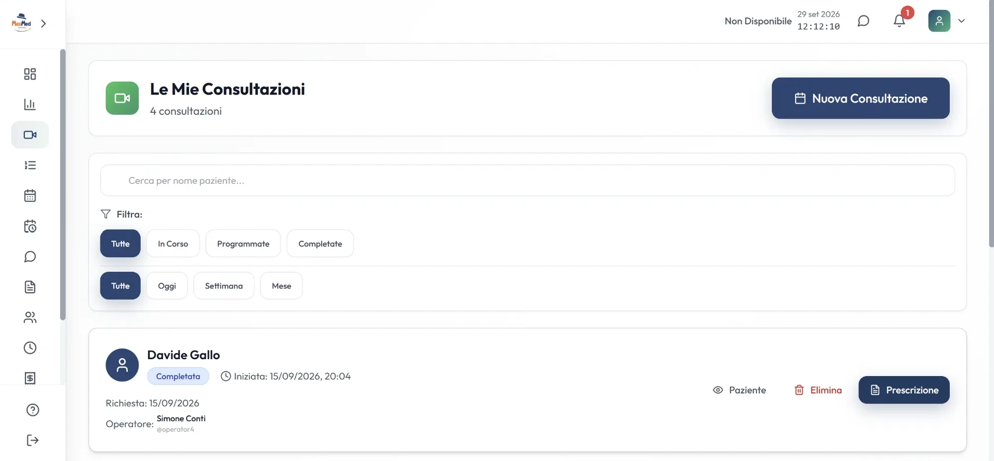 MaxMed consultation list with filters by status and date