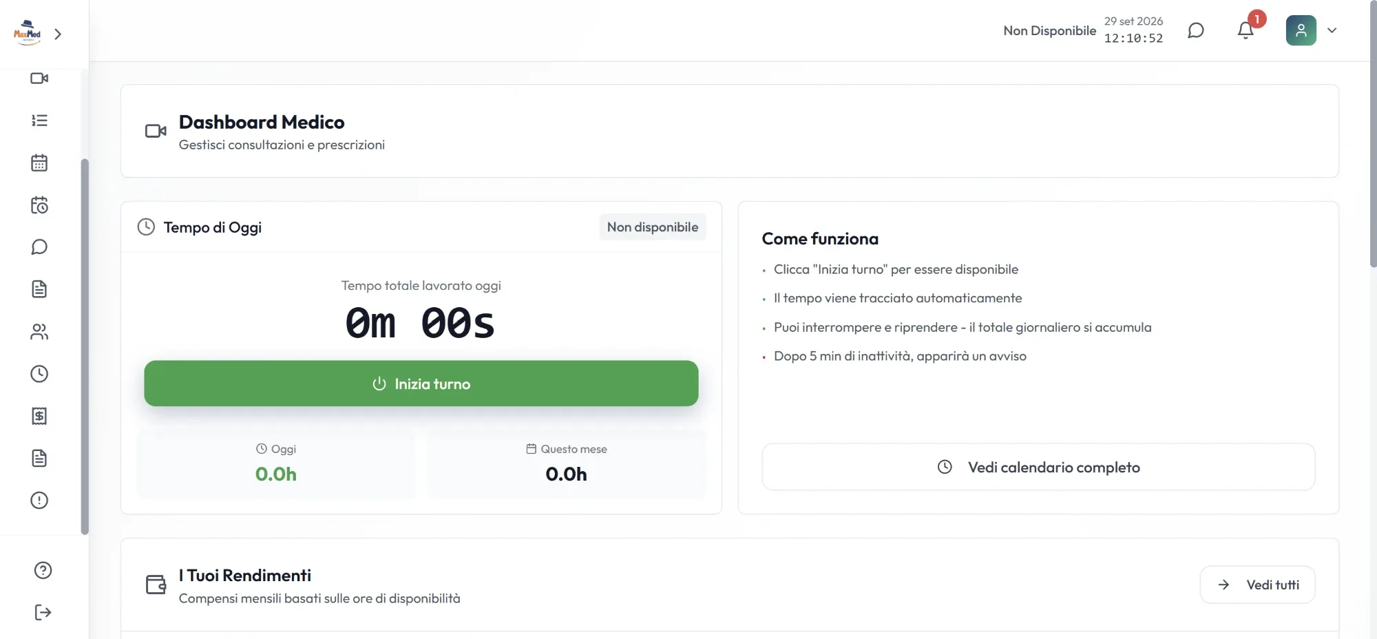 MaxMed doctor dashboard with shift timer and hours worked today and this month