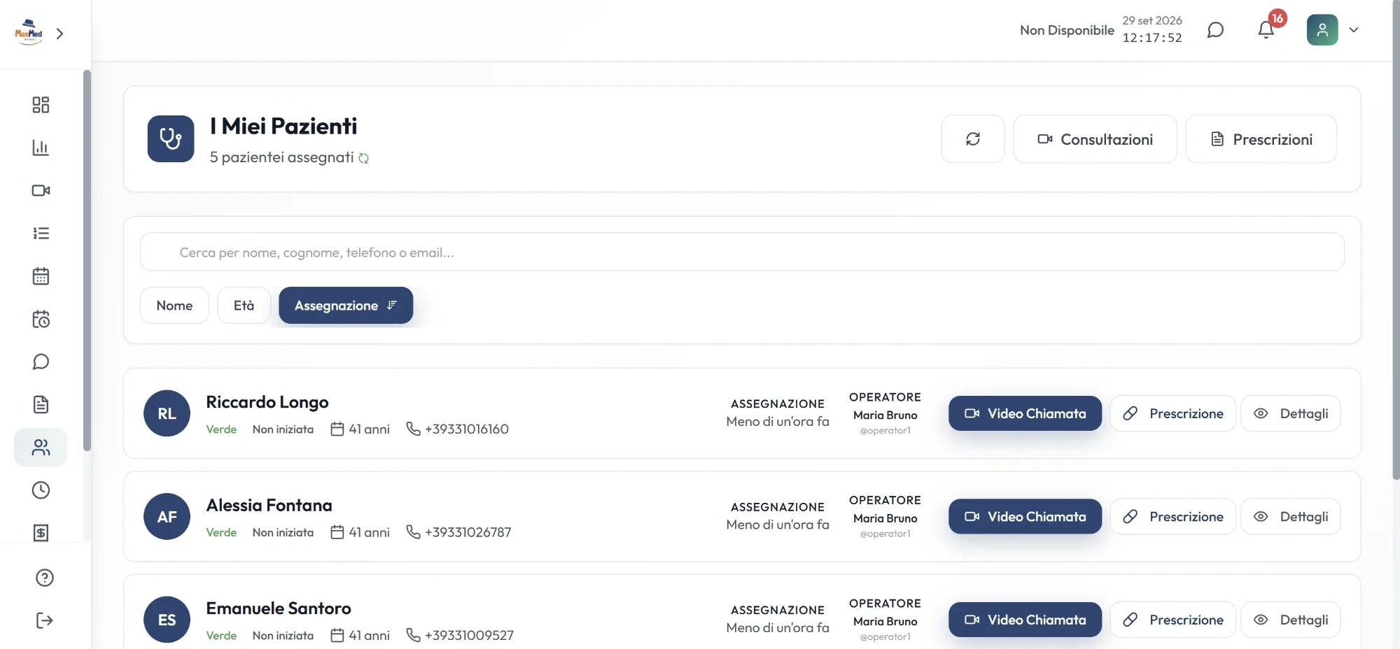 MaxMed patient list with risk codes and video call, prescription and details buttons